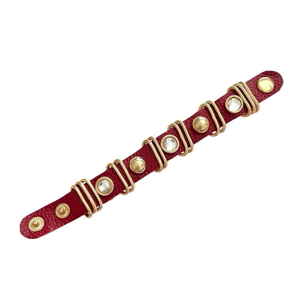 Red Leather Gold Metal Rhinestone Studded Bracelet